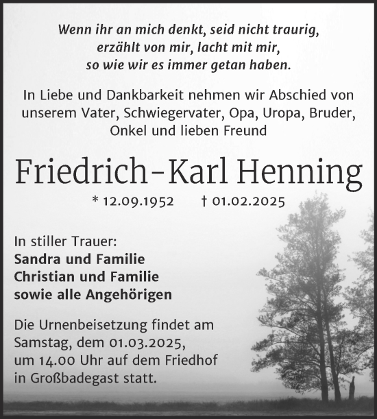 Traueranzeige von Friedrich-Karl Henning von Trauerkombi Köthen