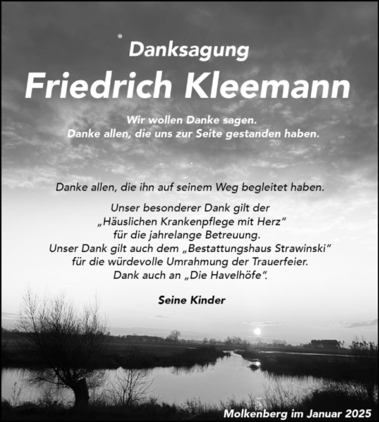 Traueranzeige von Friedrich Kleemann von Volksstimme Altmark Ost