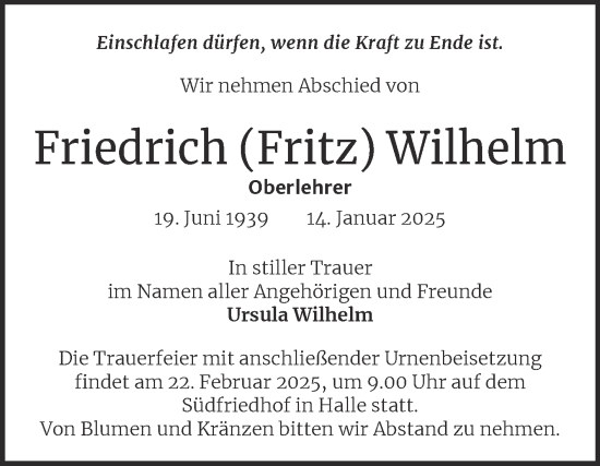Traueranzeige von Friedrich Wilhelm von Mitteldeutsche Zeitung Halle/Saalkreis