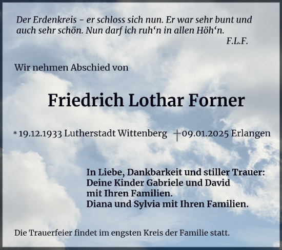 Traueranzeige von Friedrich Lothar Forner von Trauerkombi Wittenberg
