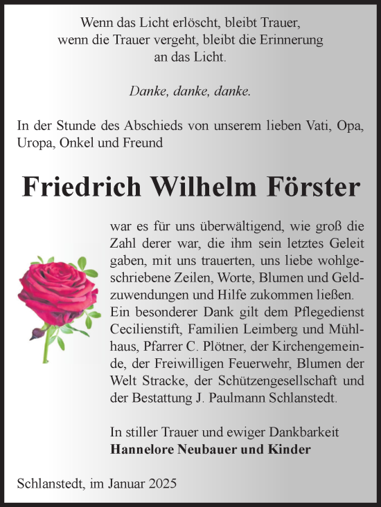 Traueranzeige von Friedrich Wilhelm Förster von Volksstimme Halberstadt