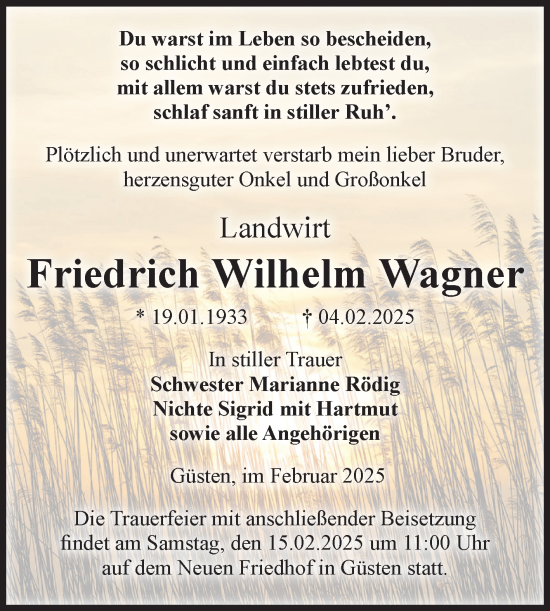 Traueranzeige von Friedrich Wilhelm Wagner von Volksstimme Staßfurt