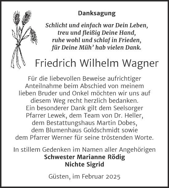 Traueranzeige von Friedrich Wilhelm Wagner 