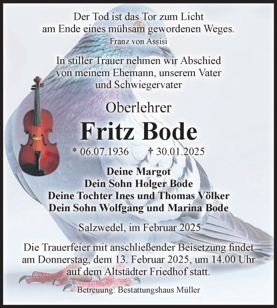 Traueranzeige von Fritz Bode von Volksstimme Altmark West