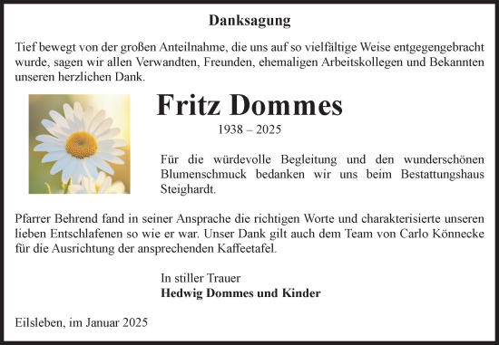 Traueranzeige von Fritz Dommes von Volksstimme Oschersleben/Wanzleben