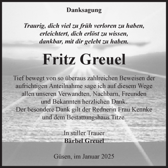 Traueranzeige von Fritz Greuel von Volksstimme Burg/Genthin