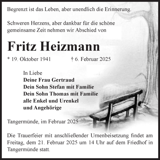 Traueranzeige von Fritz Heizmann von Volksstimme Altmark Ost
