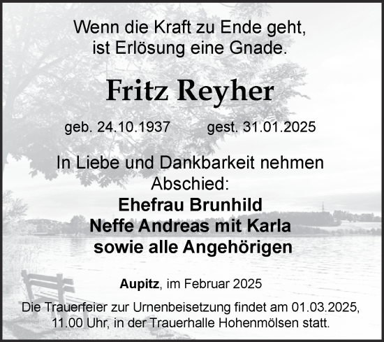 Traueranzeige von Fritz Reyher von Trauerkombi Weißenfels