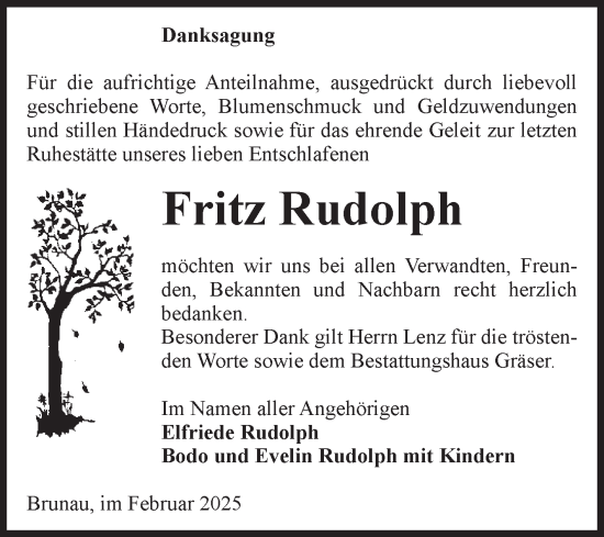 Traueranzeige von Fritz Rudolph von Volksstimme Altmark Ost