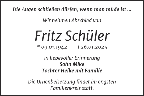 Traueranzeige von Fritz Schüler von Trauerkombi Dessau