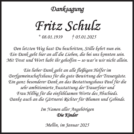 Traueranzeige von Fritz Schulz von Volksstimme Altmark West