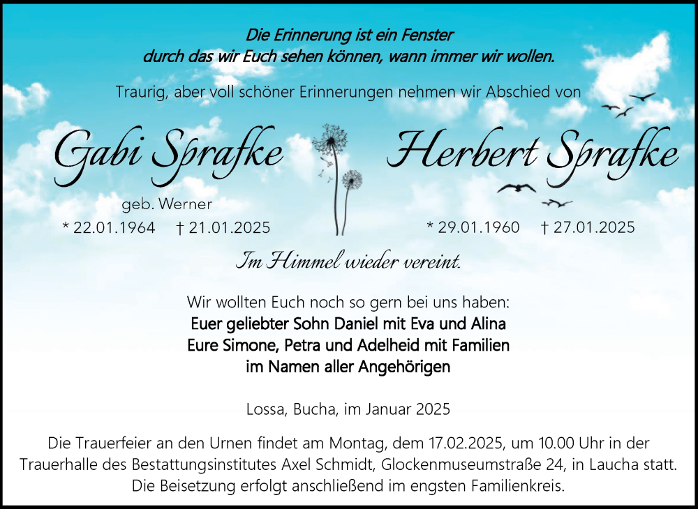  Traueranzeige für Gabi und Herbert Sprafke vom 08.02.2025 aus Super Sonntag Naumburg/Nebra