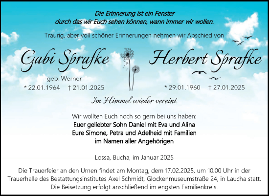 Traueranzeige von Gabi und Herbert Sprafke von Super Sonntag Naumburg/Nebra
