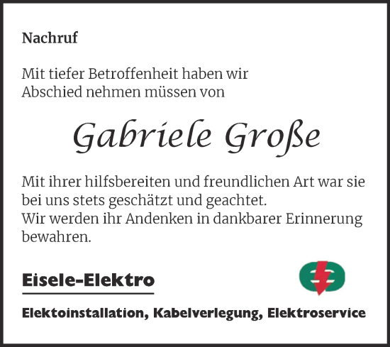 Traueranzeige von Gabriele Große von Super Sonntag Quedlingburg