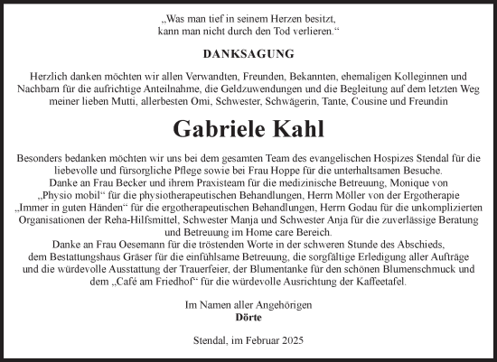 Traueranzeige von Gabriele Kahl von Volksstimme Altmark Ost