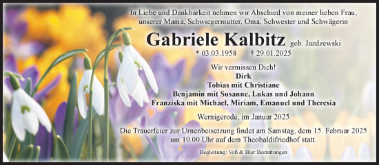 Traueranzeige von Gabriele Kalbitz von Volksstimme Wernigerode