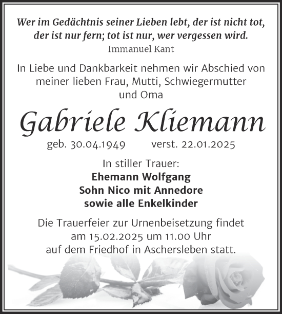 Traueranzeige von Gabriele Kliemann von Trauerkombi Aschersleben