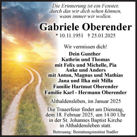 Traueranzeige von Gabriele Oberender von Volksstimme Haldensleben/Wolmirstedt