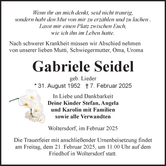 Traueranzeige von Gabriele Seidel von Volksstimme Burg/Genthin