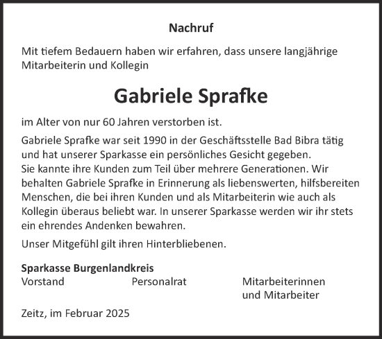 Traueranzeige von Gabriele Sprafke von Naumburger Tageblatt