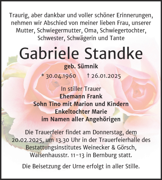 Traueranzeige von Gabriele Standke von Trauerkombi Bernburg