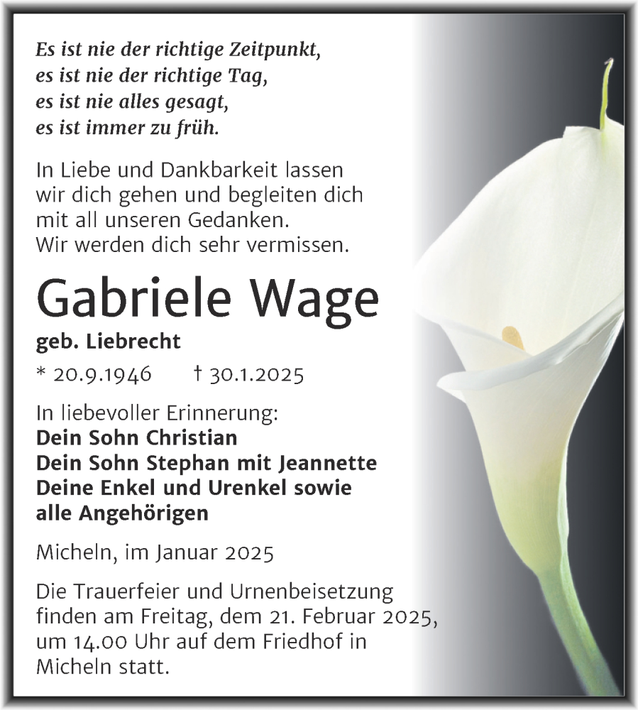  Traueranzeige für Gabriele Wage vom 08.02.2025 aus Trauerkombi Köthen