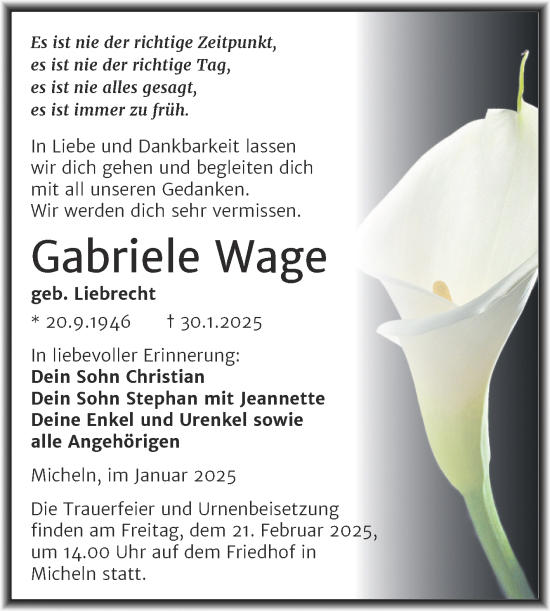 Traueranzeige von Gabriele Wage von Trauerkombi Köthen