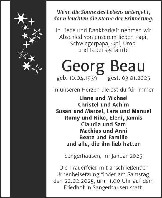 Traueranzeige von Georg Beau von Trauerkombi Sangerhausen
