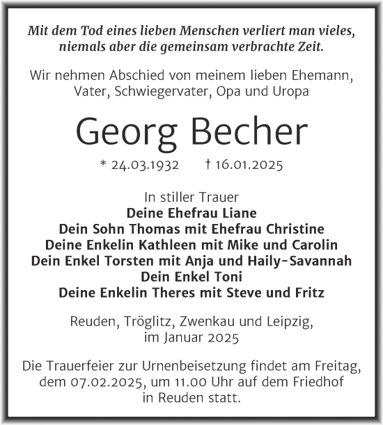 Traueranzeige von Georg Becher von Trauerkombi Zeitz