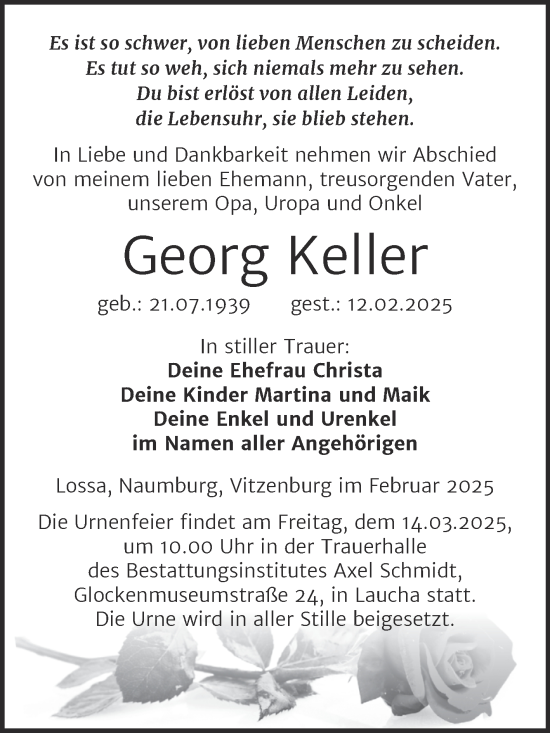 Traueranzeige von Georg Keller von Super Sonntag Naumburg/Nebra