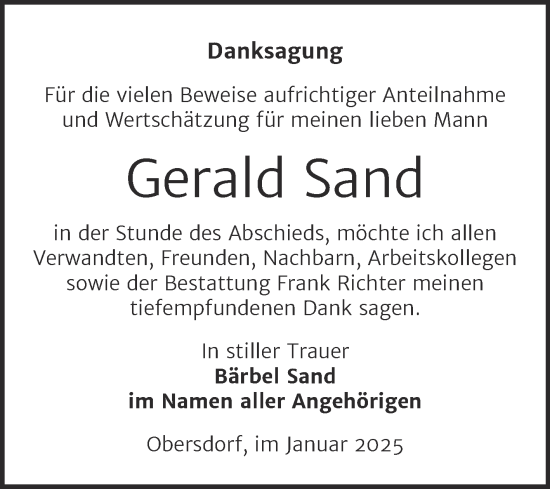 Traueranzeige von Gerald Sand von Trauerkombi Sangerhausen