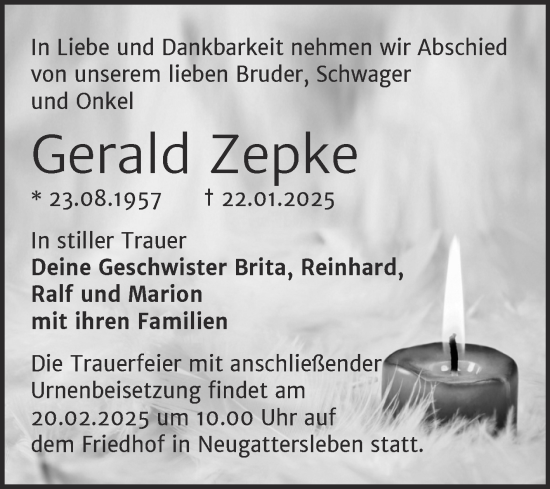 Traueranzeige von Gerald Zepke von Trauerkombi Bernburg