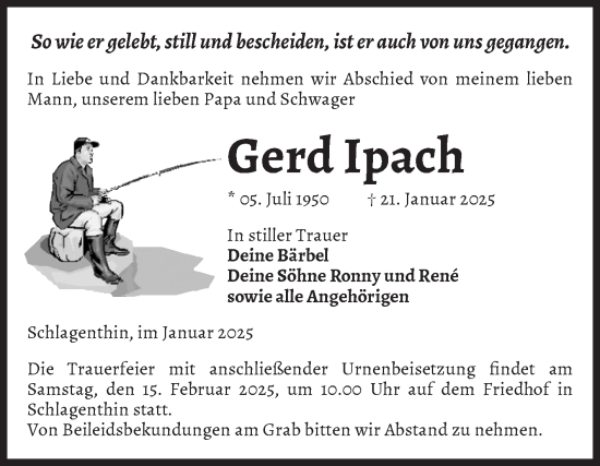 Traueranzeige von Gerd Ipach von Volksstimme Burg/Genthin