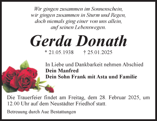 Traueranzeige von Gerda Donath von Volksstimme Magdeburg