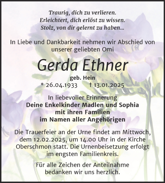 Traueranzeige von Gerda Ethner von Trauerkombi Merseburg