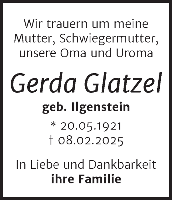 Traueranzeige von Gerda Glatzel von Trauerkombi Bernburg