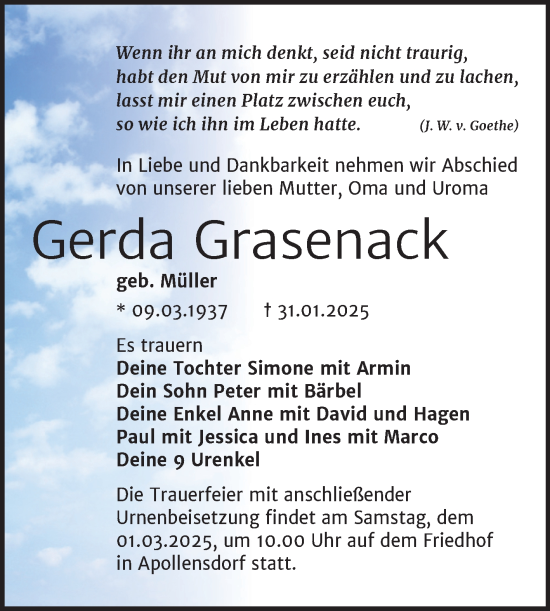 Traueranzeige von Gerda Grasenack von Trauerkombi Wittenberg
