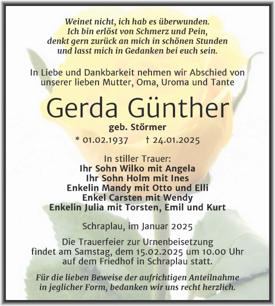 Traueranzeige von Gerda Günther von Trauerkombi Merseburg