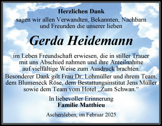 Traueranzeige von Gerda Heidemann von Trauerkombi Aschersleben