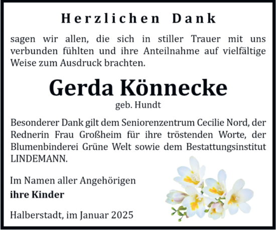 Traueranzeige von Gerda Könnecke von Volksstimme Halberstadt