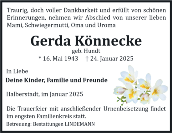 Traueranzeige von Gerda Könnecke von Volksstimme Halberstadt