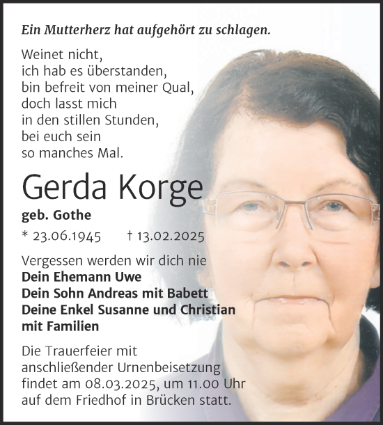 Traueranzeige von Gerda Korge von Trauerkombi Sangerhausen