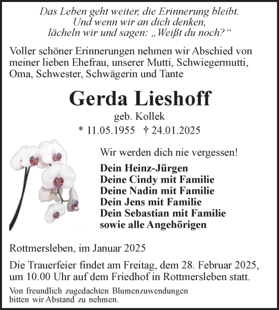 Traueranzeige von Gerda Lieshoff von Volksstimme Haldensleben/Wolmirstedt