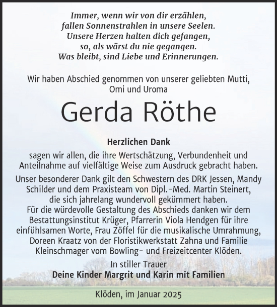 Traueranzeige von Gerda Röthe von Trauerkombi Wittenberg