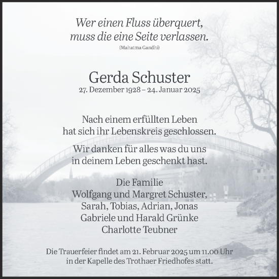 Traueranzeige von Gerda Schuster von Mitteldeutsche Zeitung Halle/Saalkreis