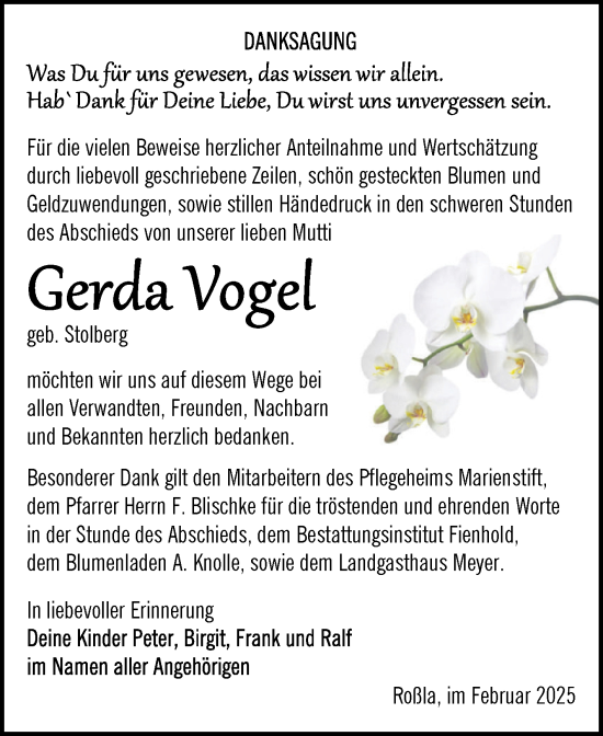 Traueranzeige von Gerda Vogel von Trauerkombi Sangerhausen