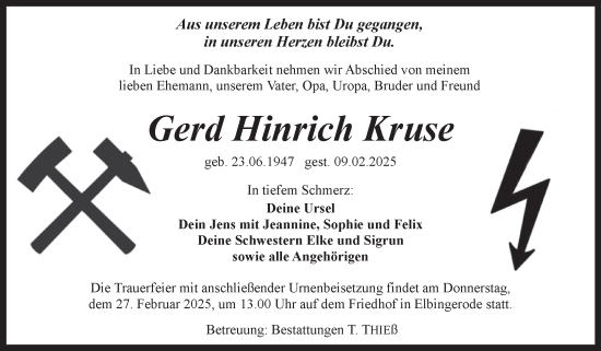 Traueranzeige von Gerd Hinrich Kruse von Volksstimme Wernigerode