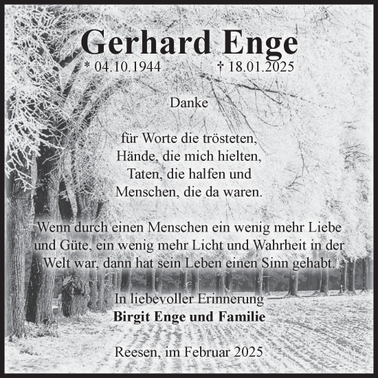 Traueranzeige von Gerhard Enge 