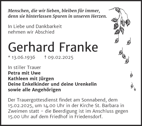 Traueranzeige von Gerhard Franke von Trauerkombi Merseburg