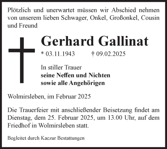 Traueranzeige von Gerhard Gallinat von Volksstimme Staßfurt